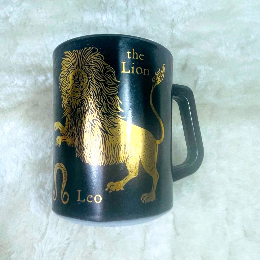 Leo “The Lion” Mug / Coffee Cup / White Glass with Black Gold Exterior